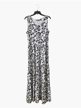 Lands End Maxi Dress Women Size M/T Black Floral Sleeveless Cotton Stretch Beach